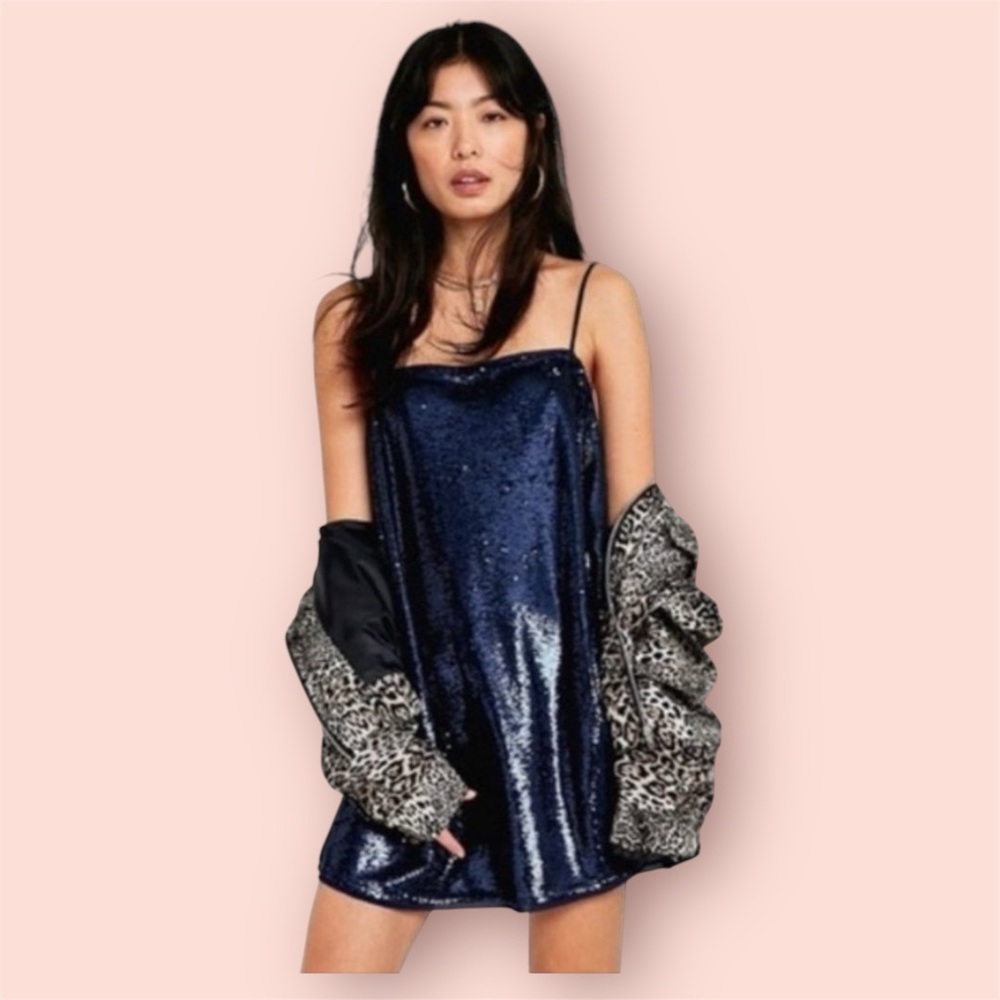 NWOT Free People Time to Shine navy blue sequin sparkly swing cami slip dress ✨